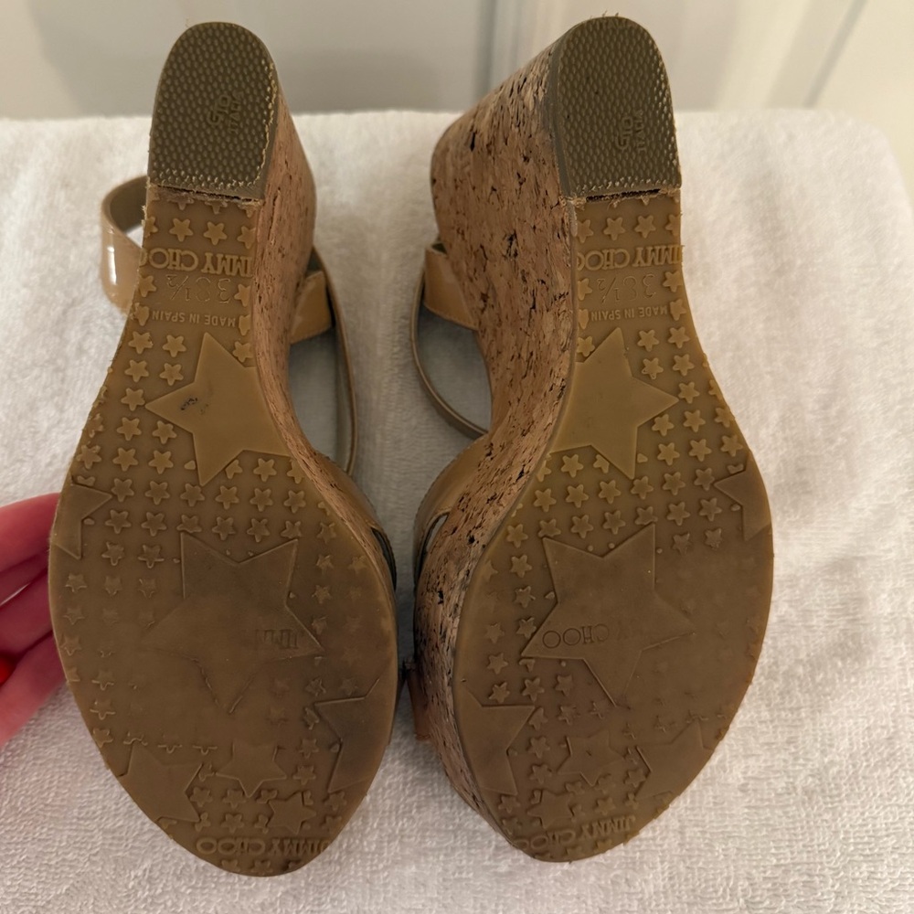 Jimmy Choo Tan Patent Cork Wedge Ankle Strap Sandals - Picture 7 of 7